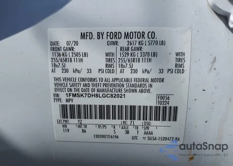 2020 Ford Explorer Xlt z USA, uszkodzony, nr VIN 1FMSK7DH8LGC82021